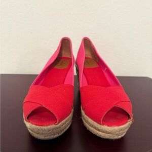 Tory Burch Red & Bright Pink Espadrille Wedges Peep-Toe Canvas - Like New!
